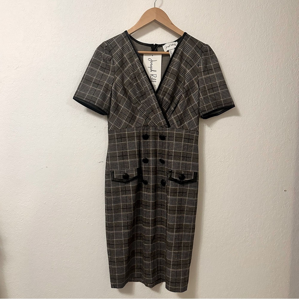Joseph Ribkoff Black and Gray Plaid V-Neck Sheath Dress